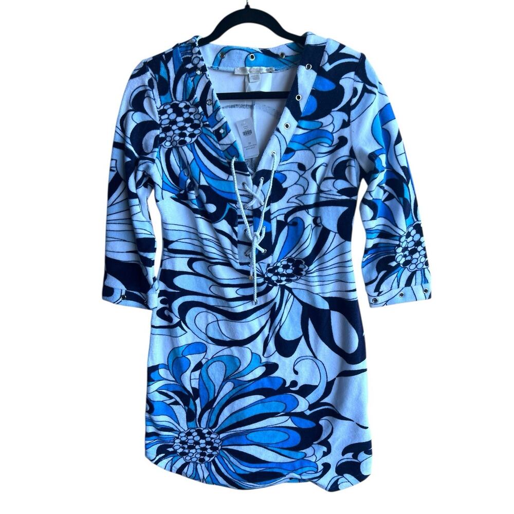 Boston Proper Terry Dress Cover Up Size XS Grommet Floral Blue Beach Coastal NEW